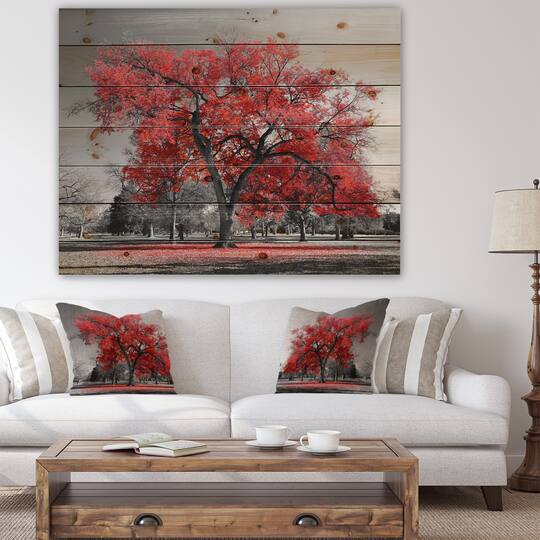 Designart - Big Red Tree on Foggy Day - Landscape Print on Natural Pine Wood